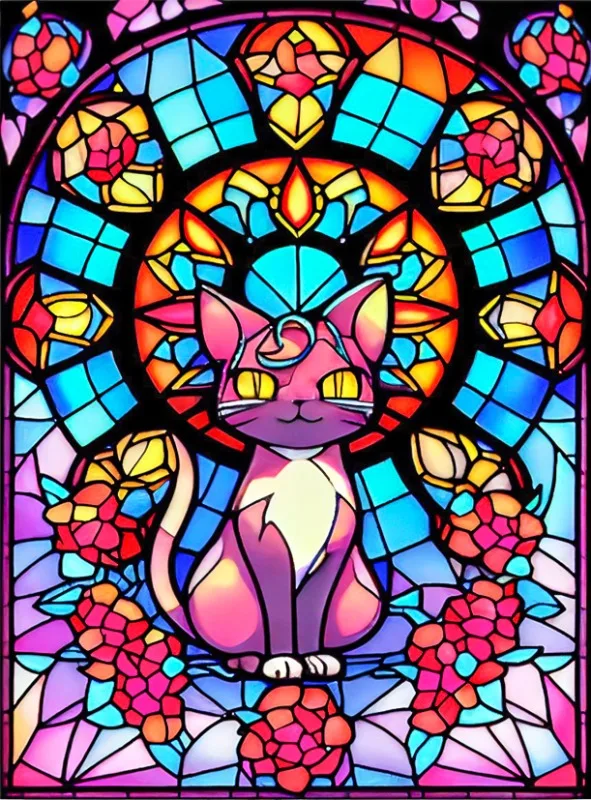 Broderie Diamant - Animaux Vitraux Colorés  Chat 1