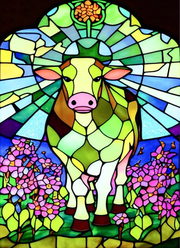 Broderie Diamant - Animaux Vitraux Colorés  Vache
