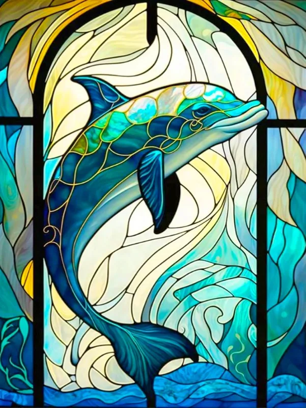 Broderie Diamant - Animaux Vitraux Colorés  Dauphin